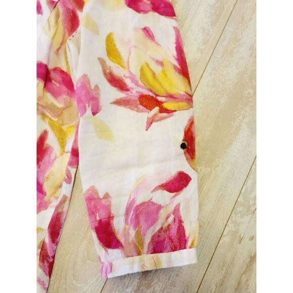 J M Collection 16 100% Linen Top Blouse Shirt White Pink Yellow Floral Button - Picture 3 of 7